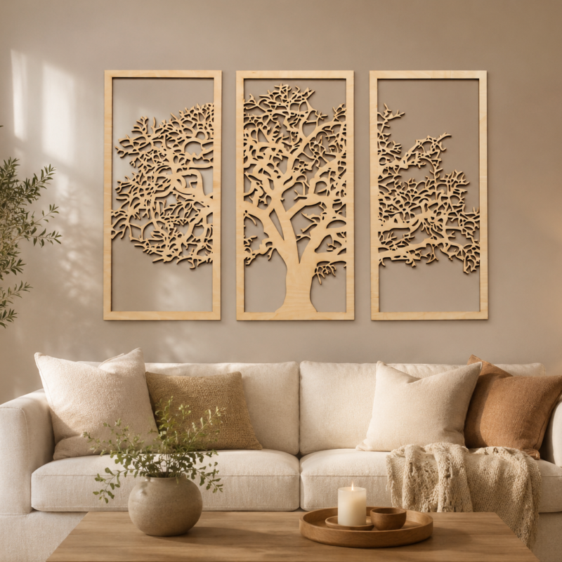 Ażurowe drzewo na ścianę 90 × 60 cm, drewniany tryptyk