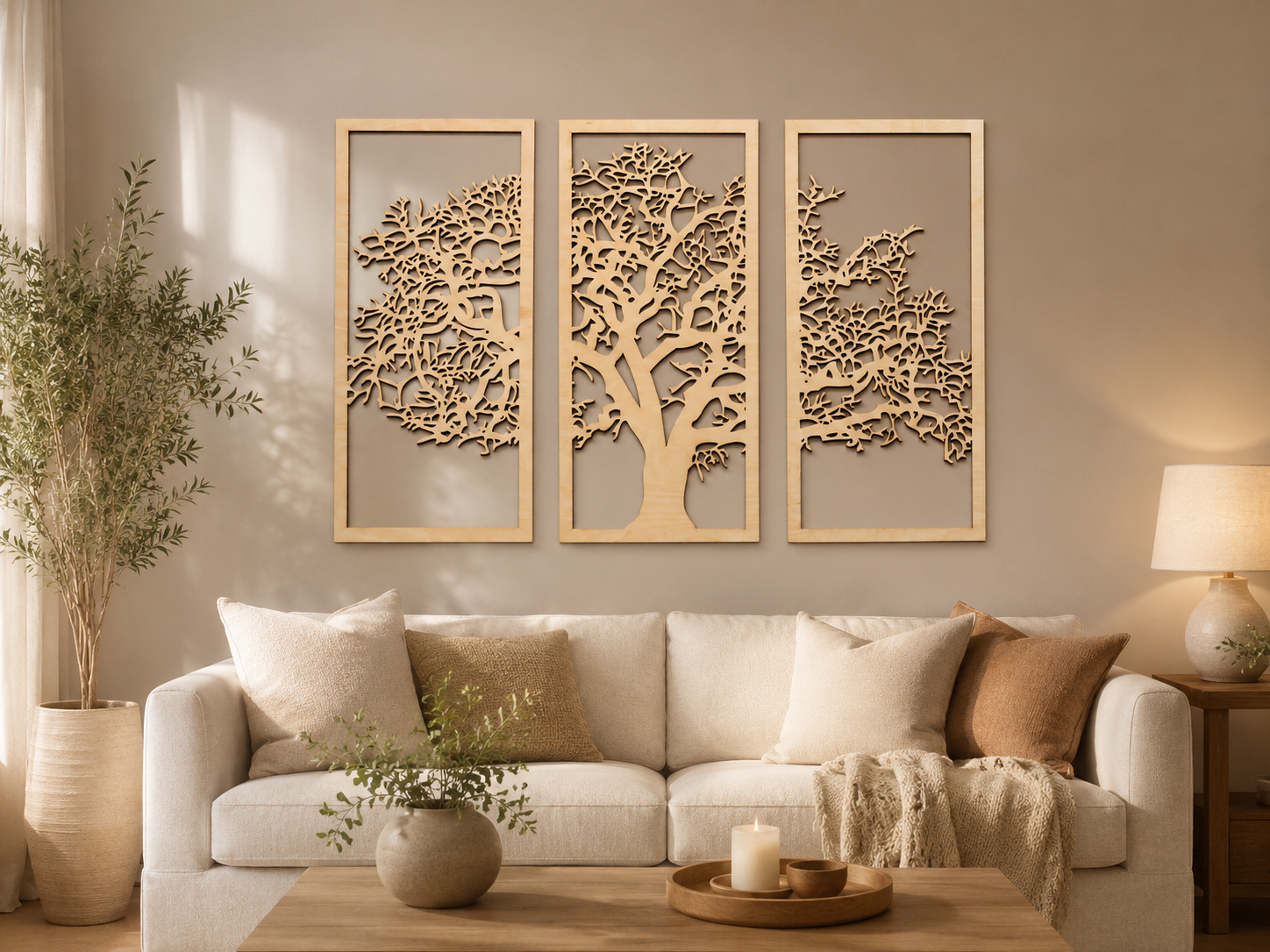 Ażurowe drzewo na ścianę 90 × 60 cm, drewniany tryptyk