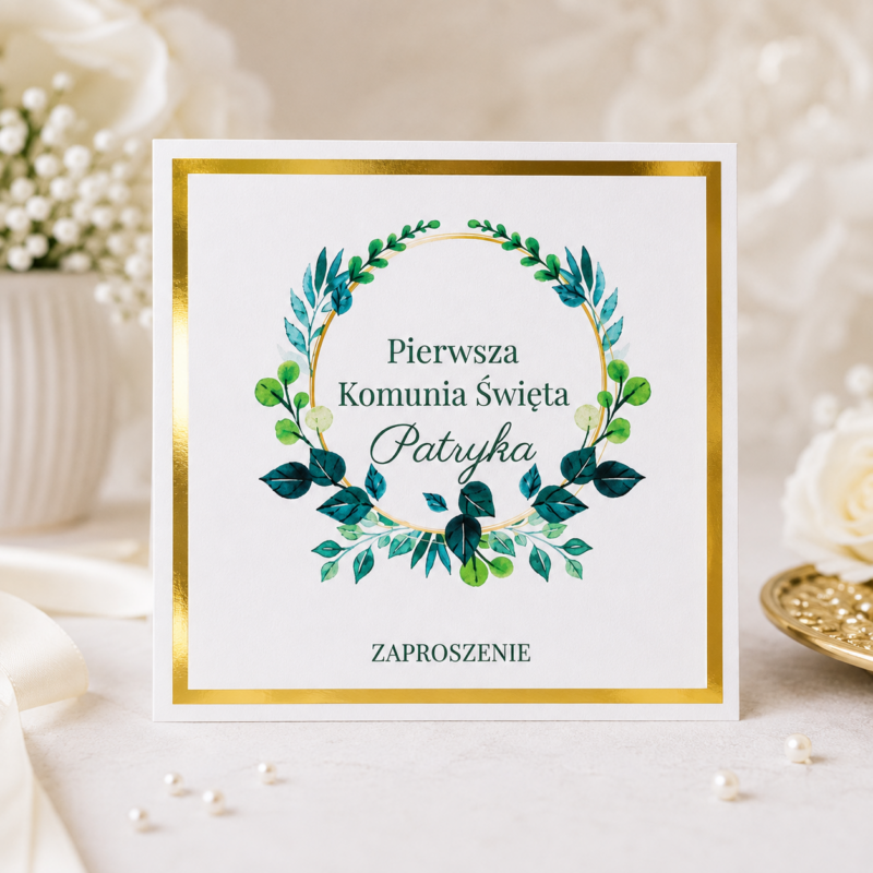 Kwiatowe zaproszenia komunijne glamour ZK12 ze złotą ramką