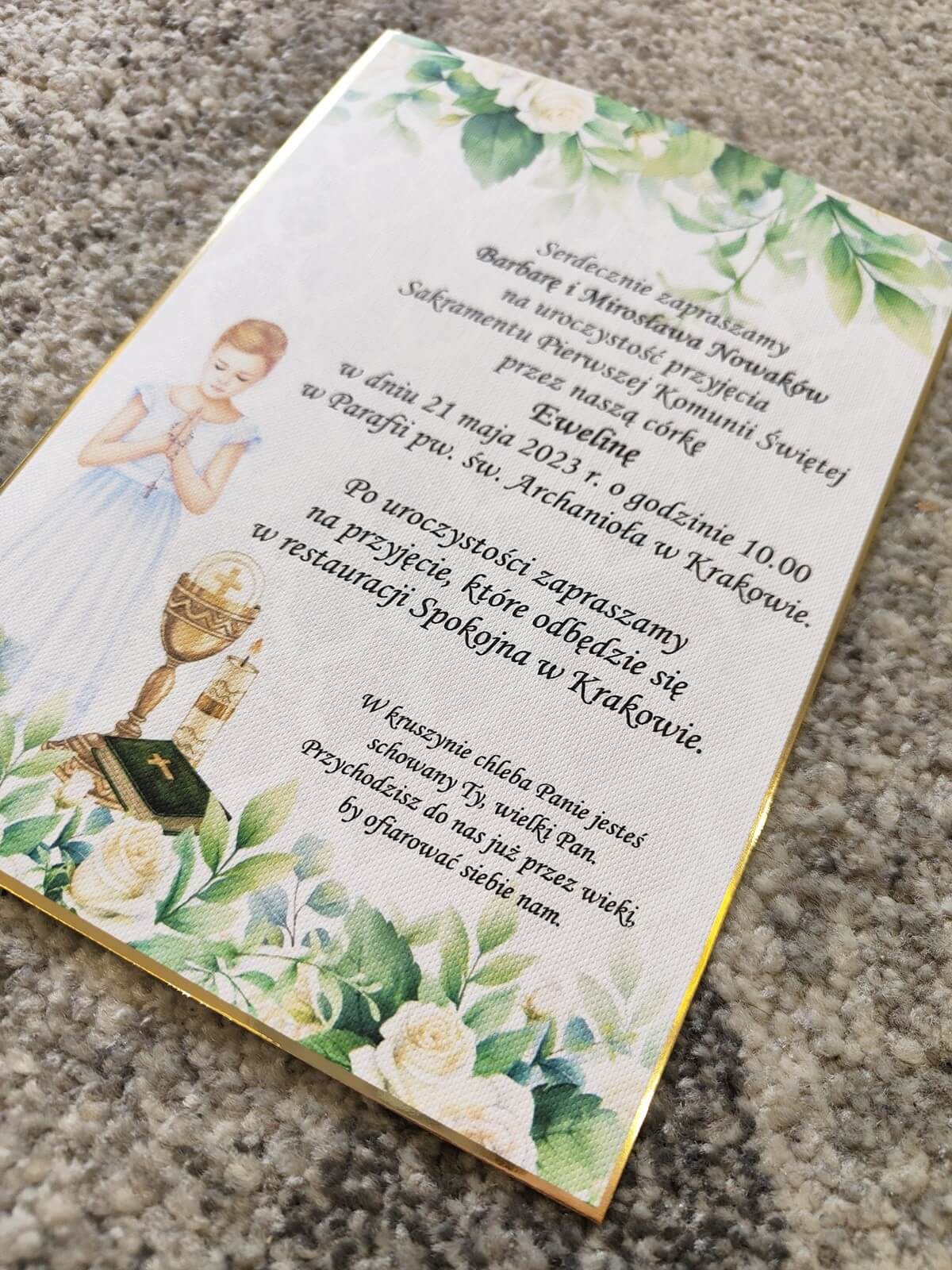 Zaproszenia komunijne ZK1 jednostronne złota ramka