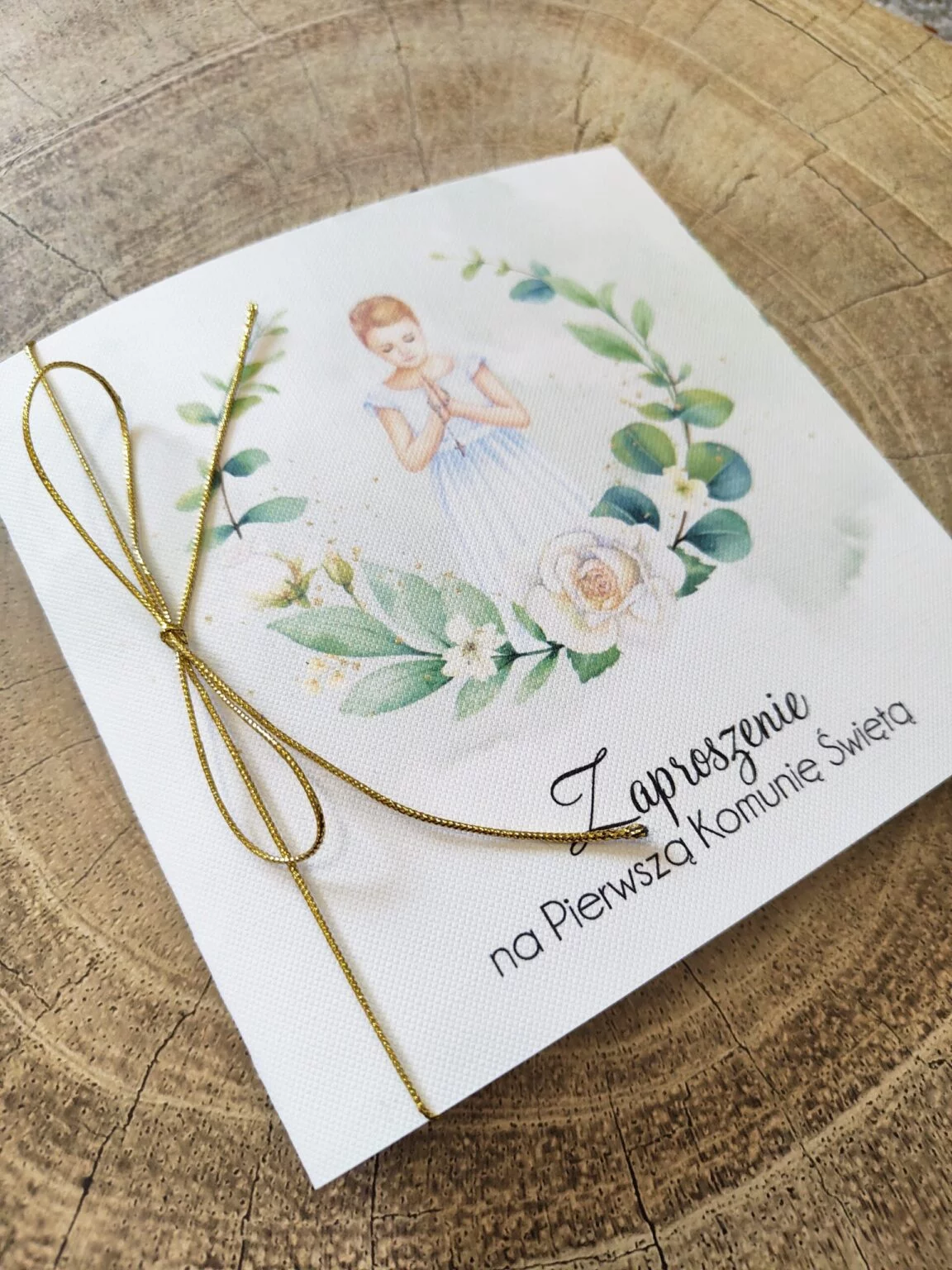 Zaproszenia komunijne BOHO kwiatowe, złoty sznurek ZK3