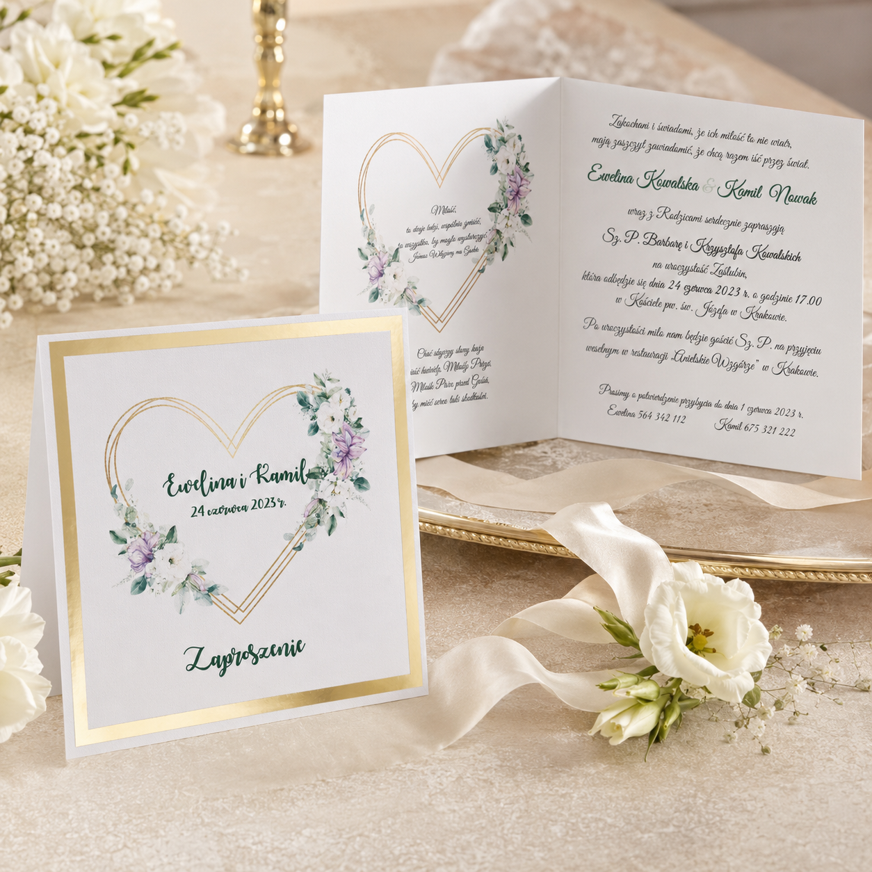 Złote zaproszenia ślubne glamour z wiankiem w kształcie serca