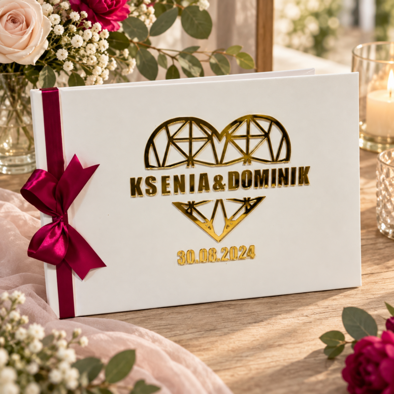 Księga gości weselnych glamour z ankietami, sercem 3D i imionami KG2