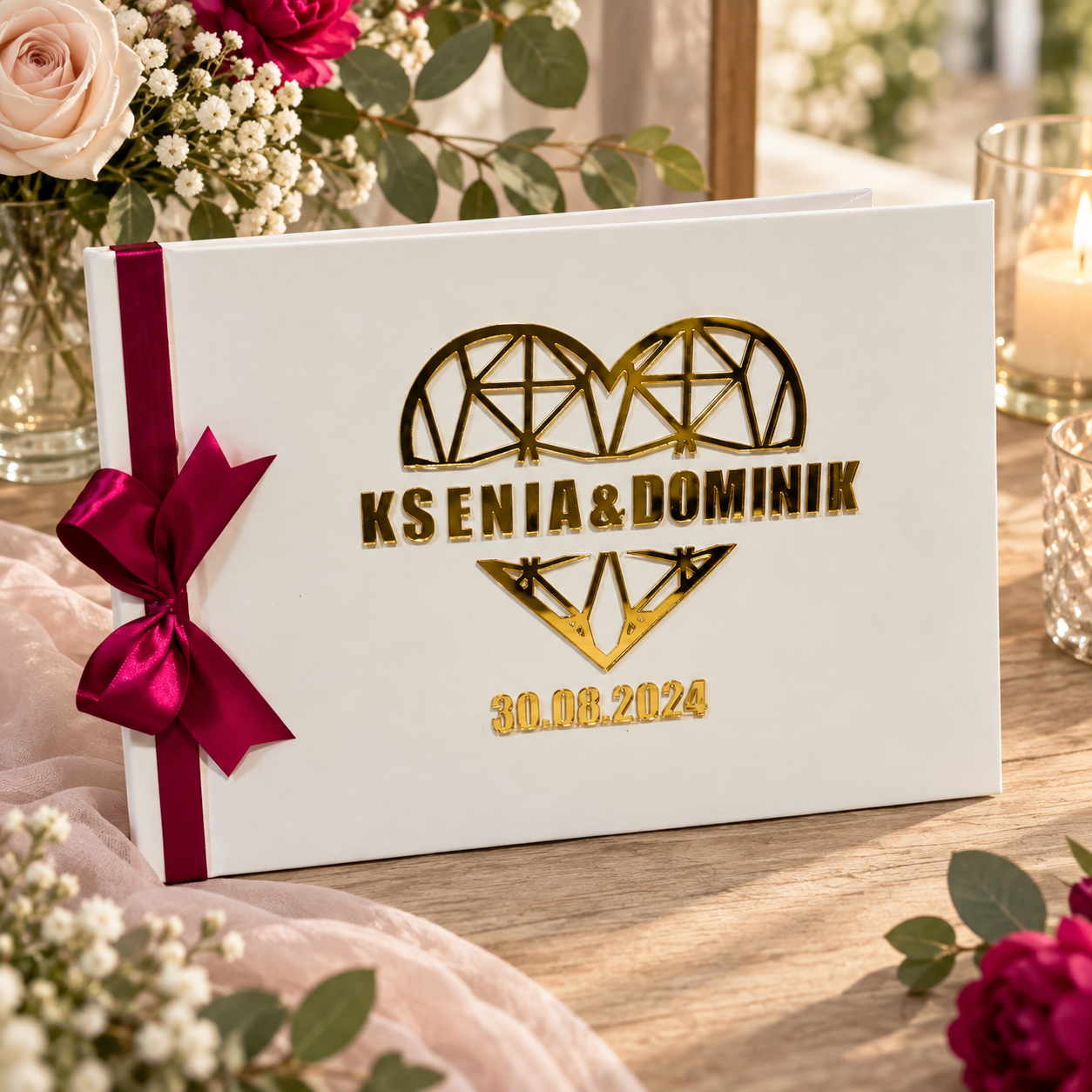 Księga gości weselnych glamour z ankietami, sercem 3D i imionami KG2